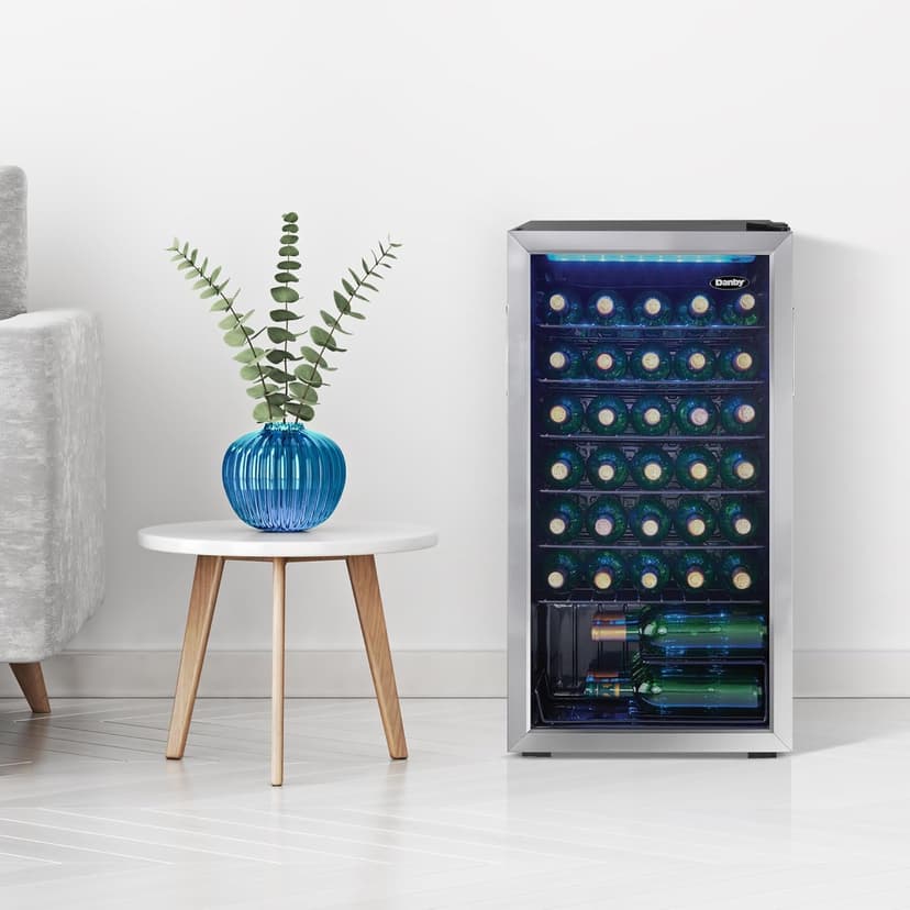 Danby DWC036A1BSSDB-6 3.3 Cu. Ft. Free Standing Wine Cooler, Holds 36 Bottles, Single Zone Fridge with Glass Door-Chiller for Kitchen, Home Bar, Stainless Steel