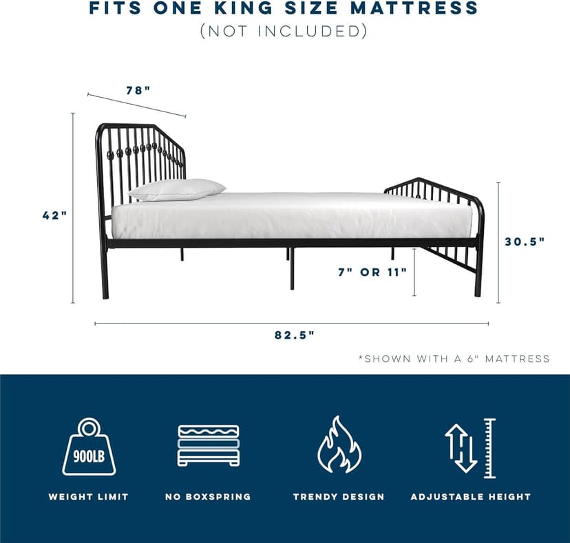 Novogratz Bushwick Modern Metal Bed, Slightly Triangular Headboard and Footboard with Inset Spindles, Adjustable Base Height for Underbed Storage, Requires No Box Spring, King Size - Black