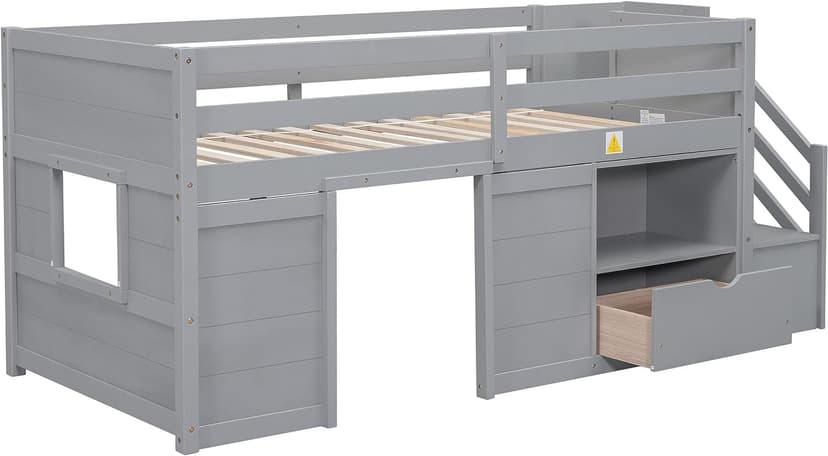 Bellemave Twin Size Low loft Bed for Kids,Wood Loft Beds,Modern Farmhouse Twin loft Bed,Loft Bed with Storage, No Box Spring Needed,for Kids,Gray