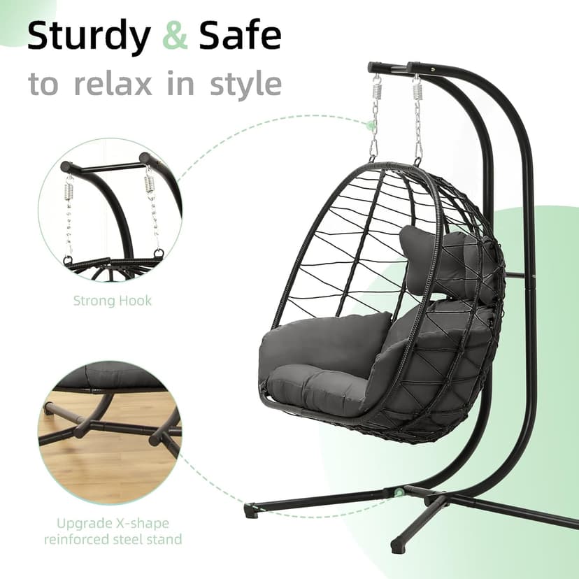Double Egg Chair wth Stand Hammock Swing Chair Foldable Hanging Loveseat, UV Resistant Removable Cushions, 700LBS Capacity for Bedroom, Balcony, Garden(BK-GR)