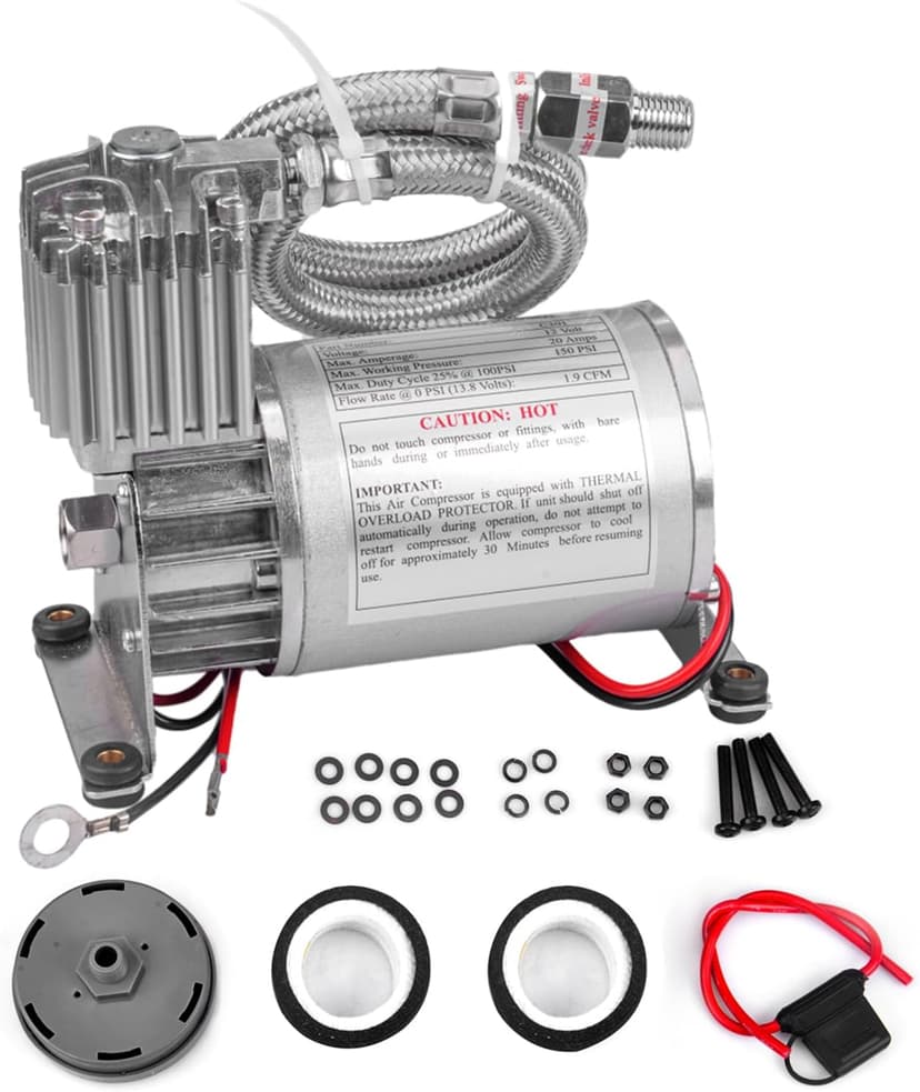 Universal 150 PSI Horns Heavy Duty Onboard Air Compressor, Replacement for Truck/Car Train Horn/Suspension/Ride/Bag kit/System and All 12v Vehicles like Semi/Pickup Trucks, Silver 1/4