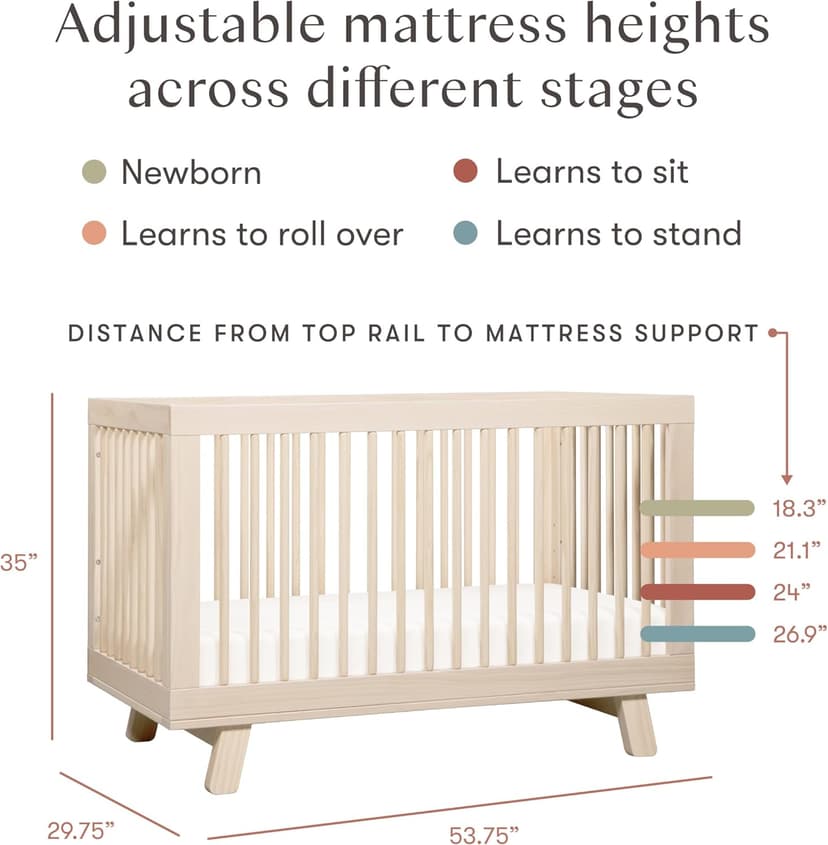 Babyletto Hudson 3-in-1 Convertible Baby Crib - GREENGUARD Gold Certified - Convertible Crib to Toddler Bed and Daybed - Baby Bed with 4 Adjustable Heights - Wooden Crib - Washed Natural