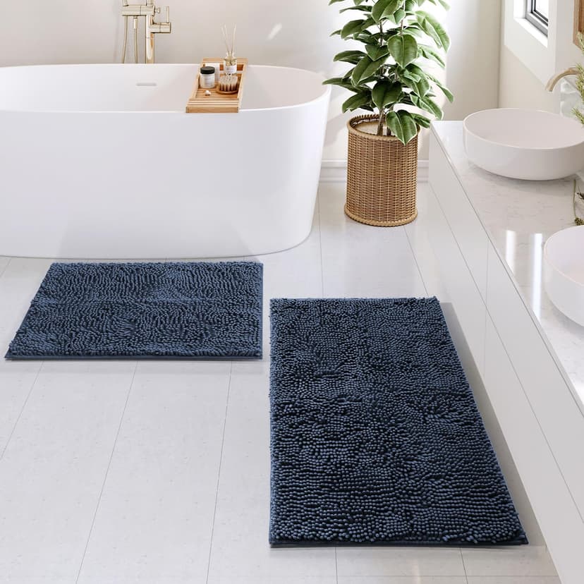 Hearth & Harbor Bathroom Rugs Sets 2 Piece, Chenille Bath Mat Set - Machine Washable Bath Mats for Bathroom Non-Slip Backing Rubber Quick Dry Bathroom Mat - Navy Bath Rug, 17x24-20x32