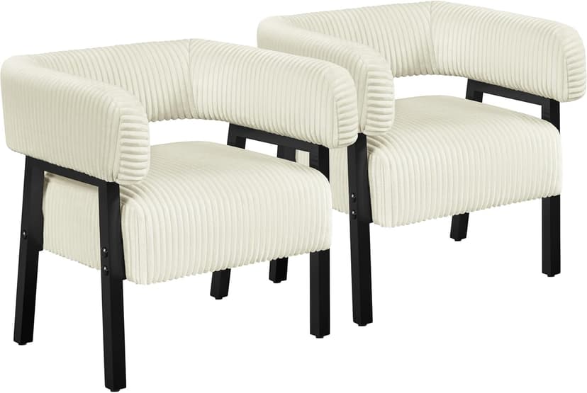 Yaheetech Corduroy Barrel Accent Chair Set of 2, Modern Upholstered Armchair with Solid Wood Legs, Cozy Leisure Chair with Pocket Coiled Seat for Living Room, Bedroom, Reading Nook Beige