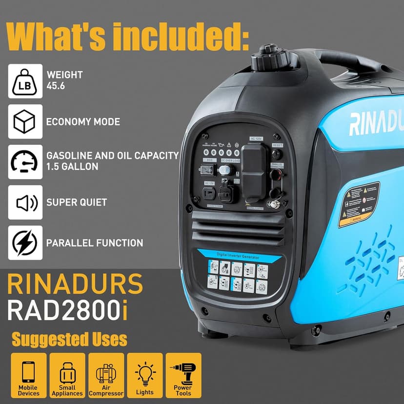 2800 Watt inverter generator, quiet and portable, suitable for home backup power, outdoor camping, and construction sites.EPA Compliant
