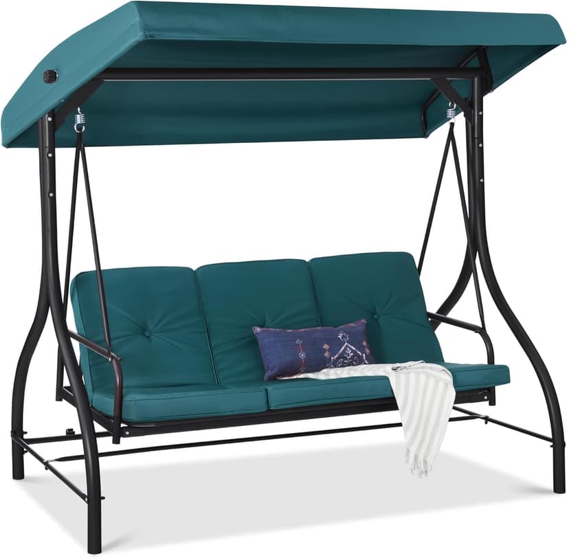 Best Choice Products 3-Seat Outdoor Large Converting Canopy Swing Glider, Patio Hammock Lounge Chair for Porch, Backyard w/Flatbed, Adjustable Shade, Removable Cushions - Peacock
