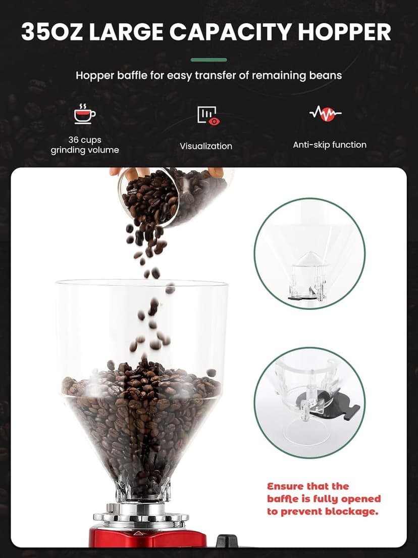 Huanyu Flat Burr Coffee Grinder Large Capacity 35oz Red and Huanyu Electric Coffee Bean Grinder with Closed Grinding System Anti-Static Design for Dust-Free Home Use Bundle