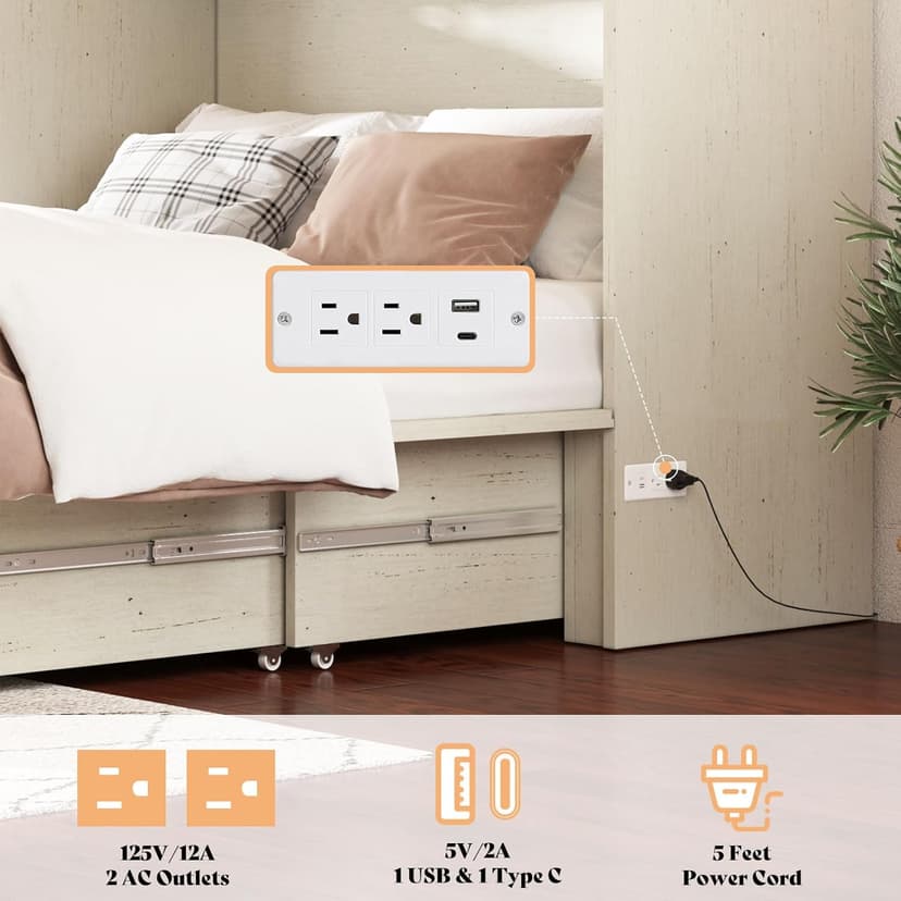 AMERLIFE Queen Murphy Bed with Storage & Charging Station, Farmhouse Murphy Cabinet with Foldable Panel, Noisy Free, for Guest Bedroom, Living Room, Office, Distressed White & Barnwood