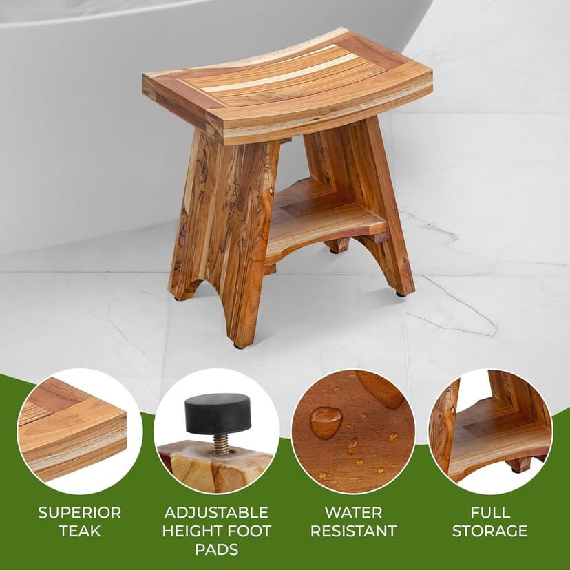 EcoDecors 18 Inch Serenity 300 Pound Capacity Waterproof Teak Wood Shower Bench Stool Seat Chair For Inside Shower Storage Shelf Provides Safety, and Storage, For Bathroom Accessories Natural Color