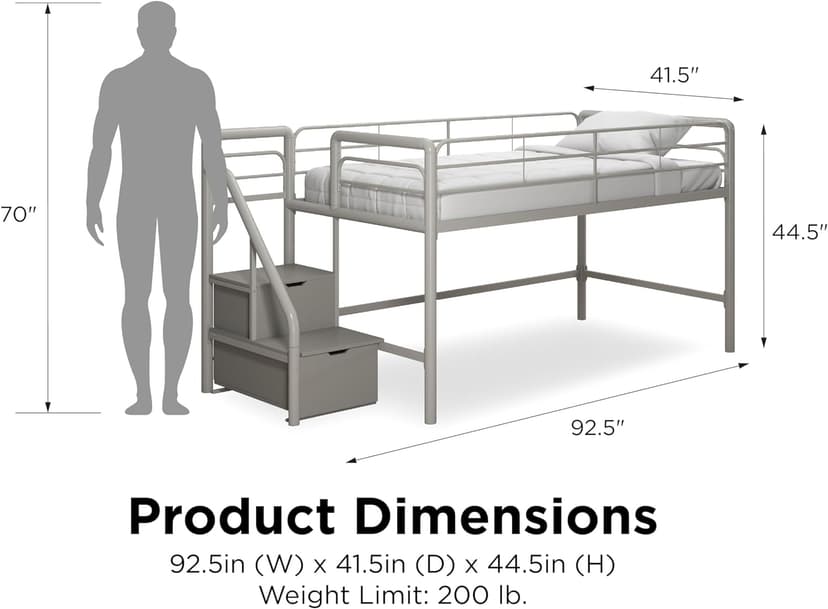 DHP Junior Twin Metal Loft Bed with Storage Steps, Multifunctional Space-Saving Solution - Silver with Gray Steps