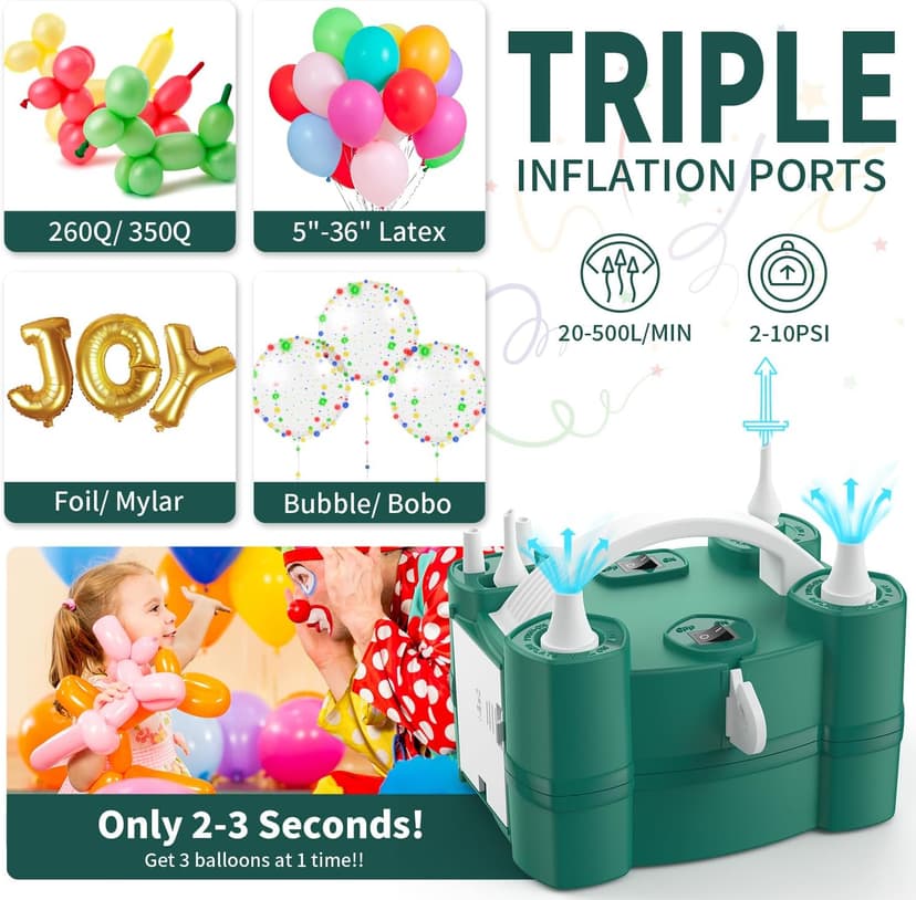 Balloon Pump 3-in-1 Electric Air Pump for All Balloons& Inflatables, Triple Inflating Ports for Latex 260q Foil Mylar Balloon Inflation, Quick-Fill Inflator Deflator for Pool Floats Air Beds