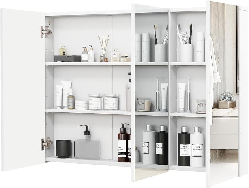 GOFLAME Medicine Cabinet with Mirror, Frameless Bathroom Wall Mounted Mirror Cabinet with 3 Doors and Adjustable Shelves, Bathroom Mirror with Storage, Recess or Surface Mount Installation
