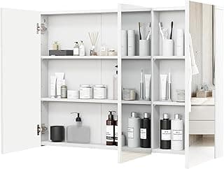 GOFLAME Medicine Cabinet with Mirror, Frameless Bathroom Wall Mounted Mirror Cabinet with 3 Doors and Adjustable Shelves, Bathroom Mirror with Storage, Recess or Surface Mount Installation