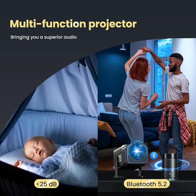 Smart Mini Projector with WiFi and Bluetooth,4k Portable Projector, 180° Rotating Adjustment with Android, Home Videoprojector with Auto Keystone Correction , Black