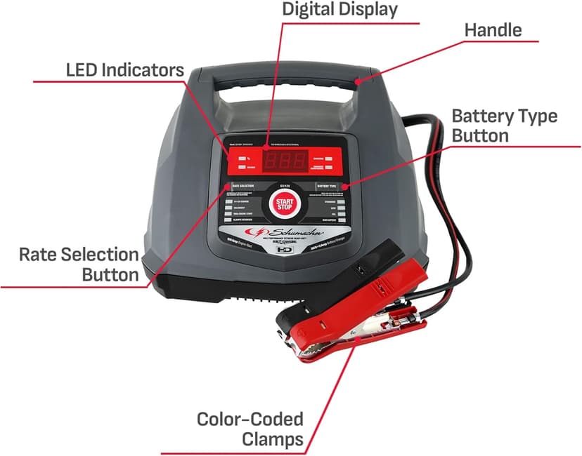 Schumacher Electric Fully Automatic Car Battery Charger & Engine Starter - 6V / 12V Battery Charger & Maintainer - for Standard, AGM, Gel & Deep-Cycle Batteries - Reverse Hook-Up Protection - SC1281