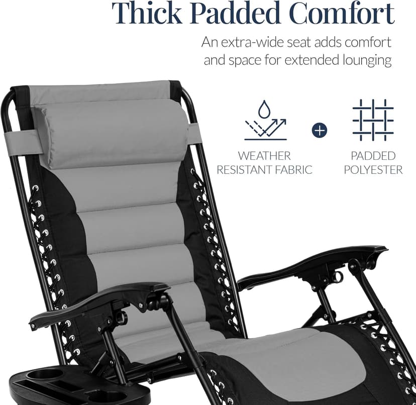 Best Choice Products Oversized Padded Zero Gravity Chair, Folding Outdoor Patio Recliner, XL Anti Gravity Lounger for Backyard w/Headrest, Cup Holder, Side Tray, Polyester Mesh - Gray