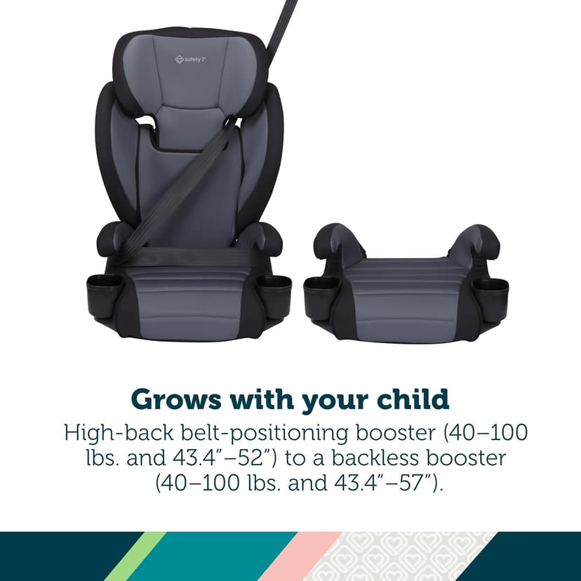 Safety 1st Grow and Go 2-in-1 Booster Car Seat with ComfortWings, Converts High-Back to Backless, 19" Wide, Fits 3 Across, Lightweight, Foldable, Easy-Clean, Cup Holders, 40-100 lbs, Black Sand
