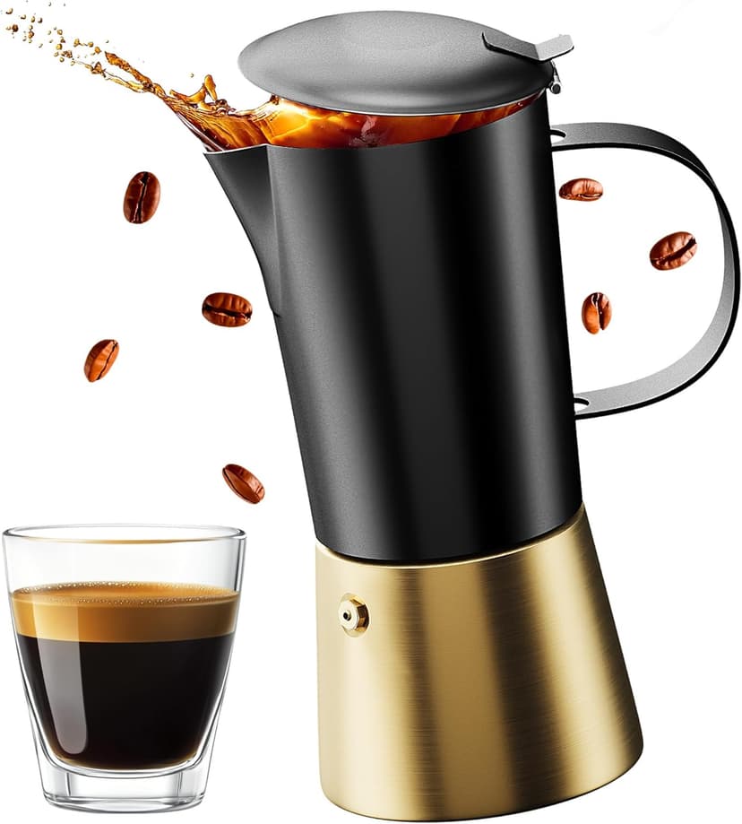 Moka Pot Espresso maker, Stovetop Stainless Steel Manual Espresso Italian Cuban Coffee Maker, 6 cups (350 ml), Elegant Coffee Maker Percolator Cafetera, Black/Gold