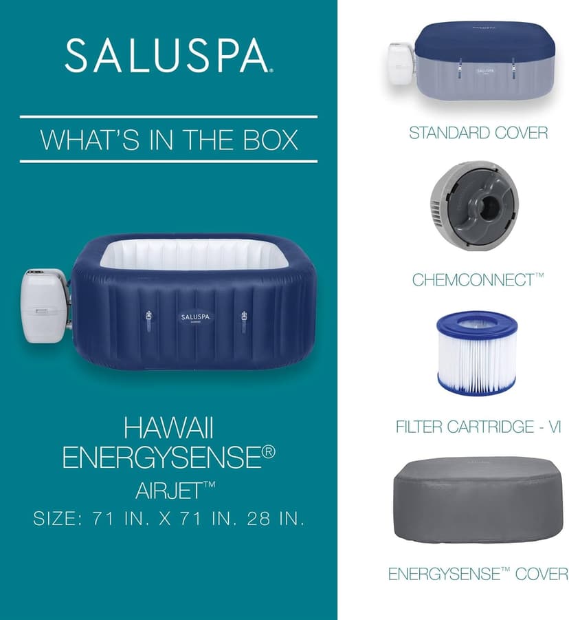 Bestway SaluSpa Hawaii AirJet 4 to 6 Person Inflatable Hot Tub Square Portable Outdoor Spa with 140 AirJets and EnergySense Energy Saving Cover, Blue