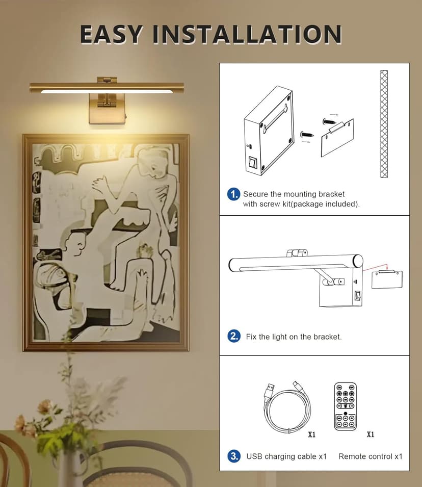 Joosenhouse Battery Operated Picture Lights for Wall Rechargeable Art Lighting for Paintings Wireless Gallery Light with Remote Control 16.54” Dimmable and Timed Off Wall Sconce Brass Color