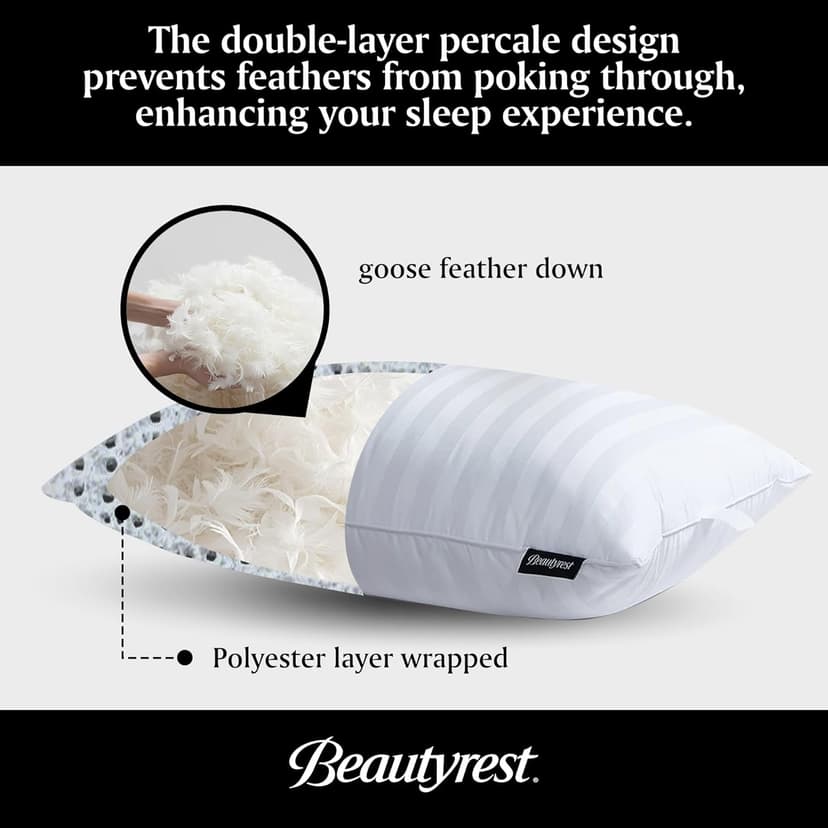 Beautyrest Luxury Goose Feathers Soft Pillows, 500 Thread Count Cotton Cover 20”x36”, King (Pack of 2), Supportive Fluffy Hotel Collection Bed Pillows for Side and Back Sleepers