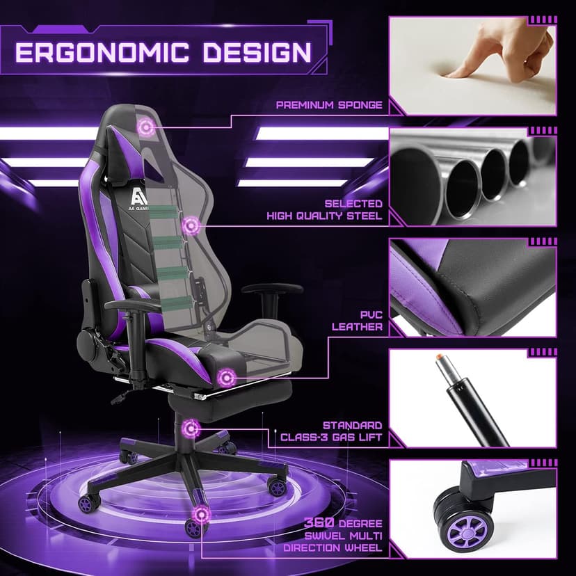 Gaming Chair High Back Ergonomic Computer Racing Chair Adjustable Office Chair with Footrest, Lumbar Support Swivel Chair - Upgraded Version BlackPurple