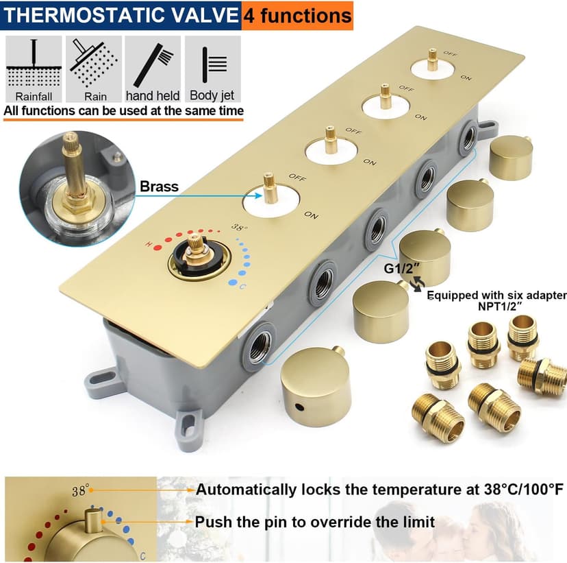 Thermostatic Shower System Dual Shower Heads with 16" Ceiling Mounted Rain Shower Head & 6" Wall Mounted Head 4 Function Shower System with body jets Can All Run Together, Brushed Gold
