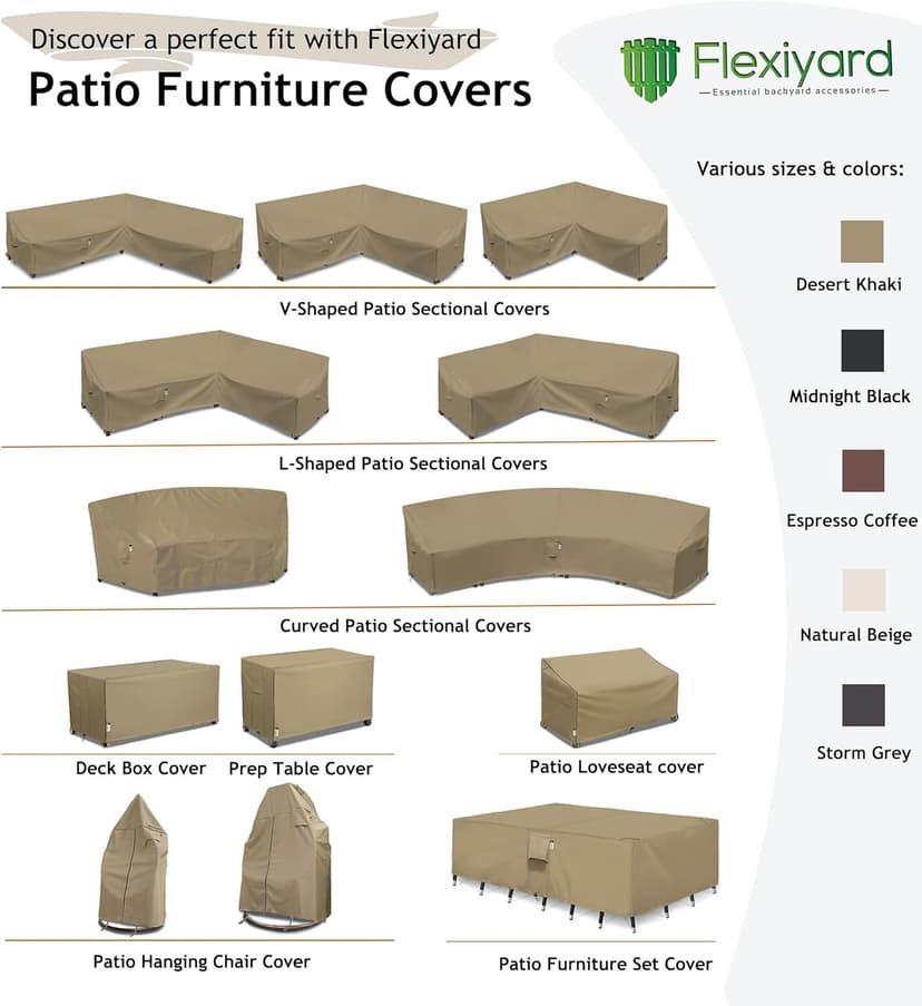 Heavy Duty Outdoor Sectional Sofa Cover, 85"X85" V-Shaped 5-Seater Waterproof 600D Patio Sectional Couch Cover, Lawn Patio Furniture Cover,Desert Khaki