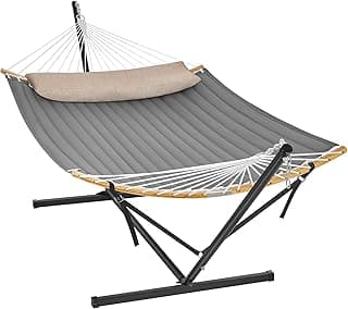 SONGMICS Hammock with Stand, Quilted Hammock with Curved Bamboo Spreaders, Pillow, 78.7 x 55.1 Inches, Portable Padded Hammock Holds up to 440 lb, Black and Gray UGHS002G01