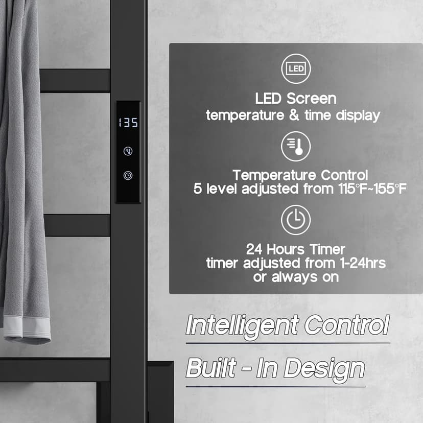 Towel Warmer Rack with 24hr Timer, Matte Black Heated Towel Rack for Bathroom, Plug-in/Hardwired, Wall Mounted 6-Bar Electric Towel Warmer with Temperature Control