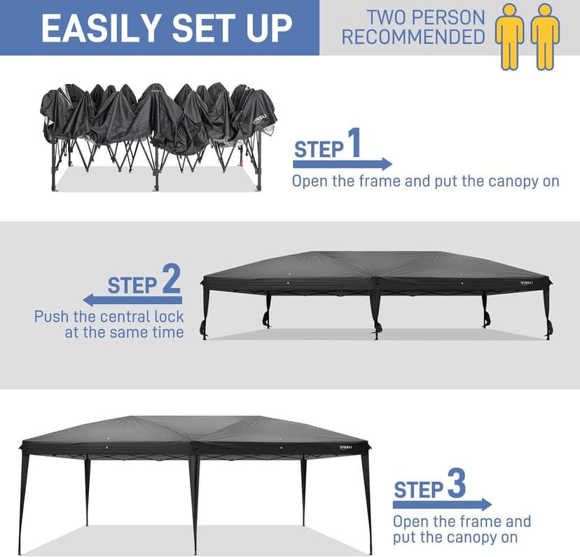 VINGLI 10x20 ft Pop Up Canopy Tent with 6 Sidewalls, Carry Bag, Outdoor Gazebo, Patio Event, Commercial Canopy (Black)