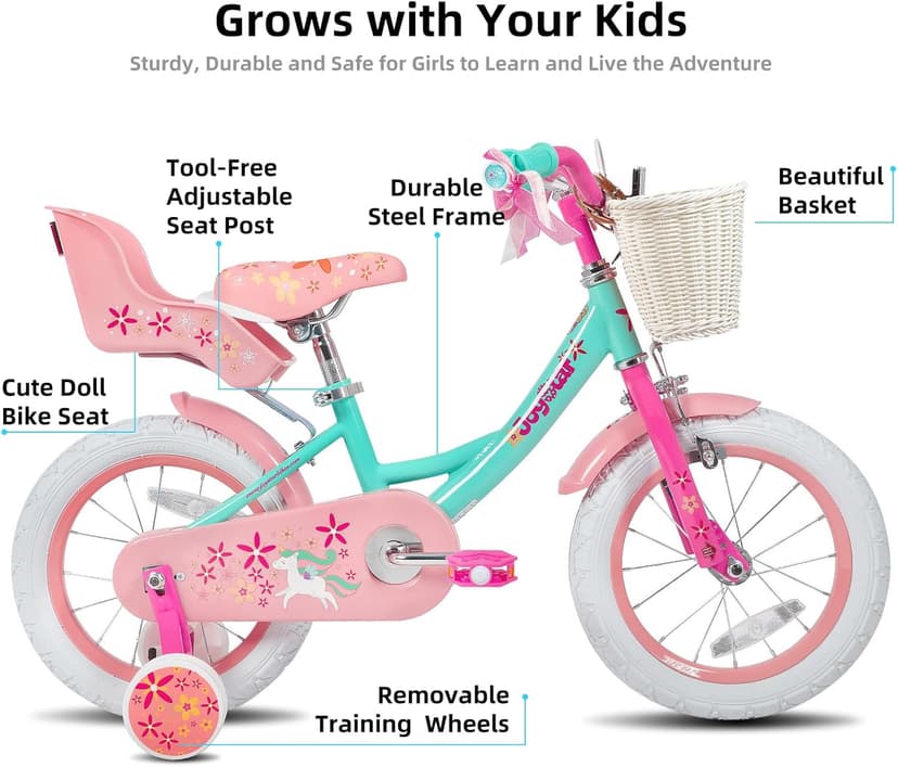 JOYSTAR Unicorn Kids Bike for Girls Ages 2-9 Years Old, 12 14 16 18 Inch Kids Bike with Training Wheels, Doll Seat, Streamers and Basket, Toddler Girls Bike, Multiple Colors