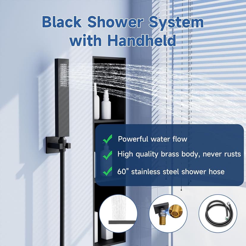 Smart Shower System with Body Jets, Black Shower Head and Handle Set,16" Ceiling Mount Rainfall Waterfall Shower Jets System with Tub Spout,Thermostatic Shower System Bathroom with Music and Led Light