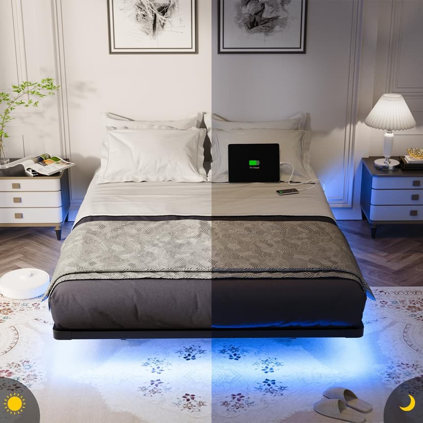 OLEVS Floating Bed Frame Full Size with Smart LED Lights and Charging Station - Modern Metal Platform Bed, Easy Assembly No Box Spring Needed