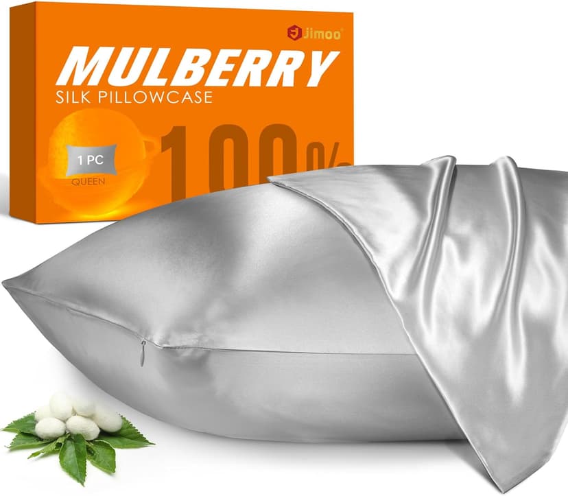 100% Mulberry Silk Pillowcase for Hair and Skin, 22 Momme Pure Natural Silk Pillow Case Both Sided with Zipper, Pillow Cover for Women Mom Men(Silver Grey, Standard 20''×26'')