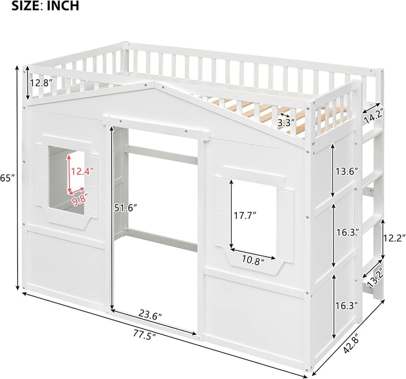Merax Twin Size Wood Loft Bed, House Bed Frame with Ladder and Safety Guardrails for Kids, No Box Spring Needed, White