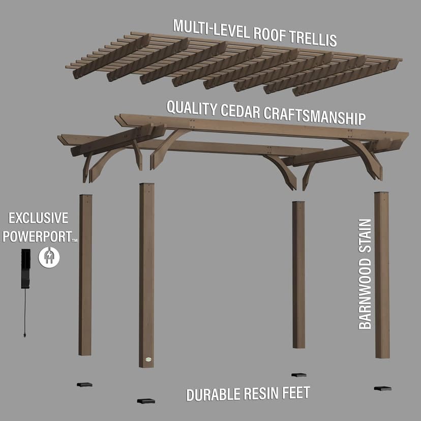 Backyard Discovery Somerville 14' x 10' Cedar Wood Pergola Kit with Trellis Roof, All-Season Durability, High-Wind Rating, PowerPort, Shade for Outdoor Patio, Deck, Garden, and Entertaining