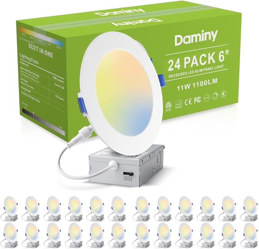 DAMINY 24 Pack 6 Inch LED Recessed Lighting with Junction Box,5CCT,Ultra-Thin Recessed Light,11W 1100lm, Dimmable Canless Wafer Ceiling Light, High Brightness - ETL