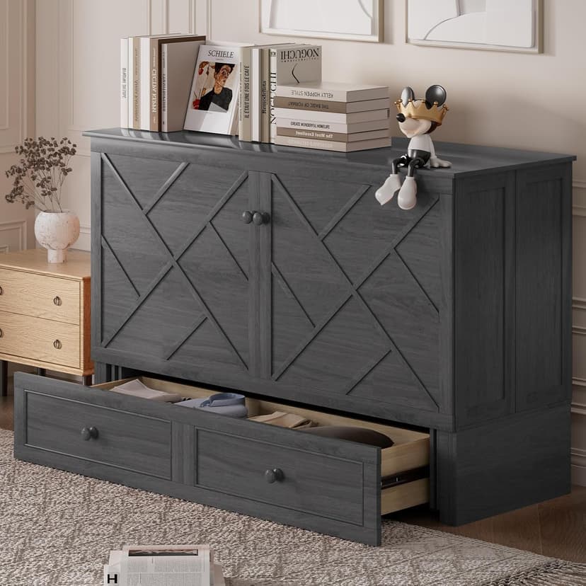 ijuicy Murphy Bed Queen with Foam Mattress, Convenient Murphy Bed Cabinet with Charging Station & Storage Board, Bed That Folds into Cabinet with Large Storage Drawer for Bedroom,Guest Room(Grey)