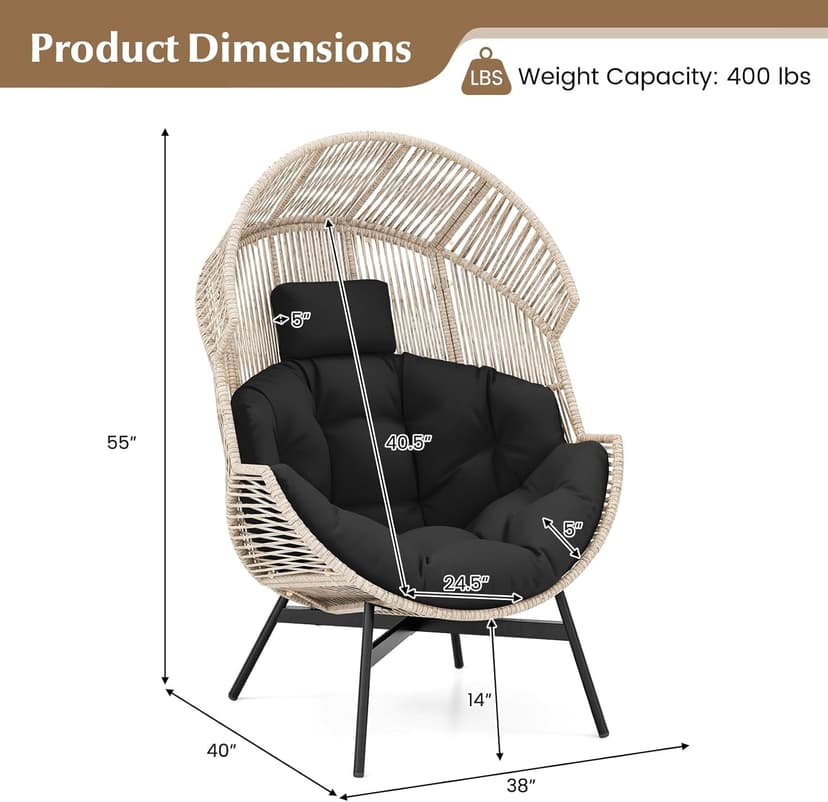 Tangkula Oversized Egg Style Chair, Wicker Stationary Patio Egg Chair w/Cushions & Headrest, Heavy-Duty Metal Frame, Patio Lounge Basket Sofa Chair for Yard, Porch, Living Room
