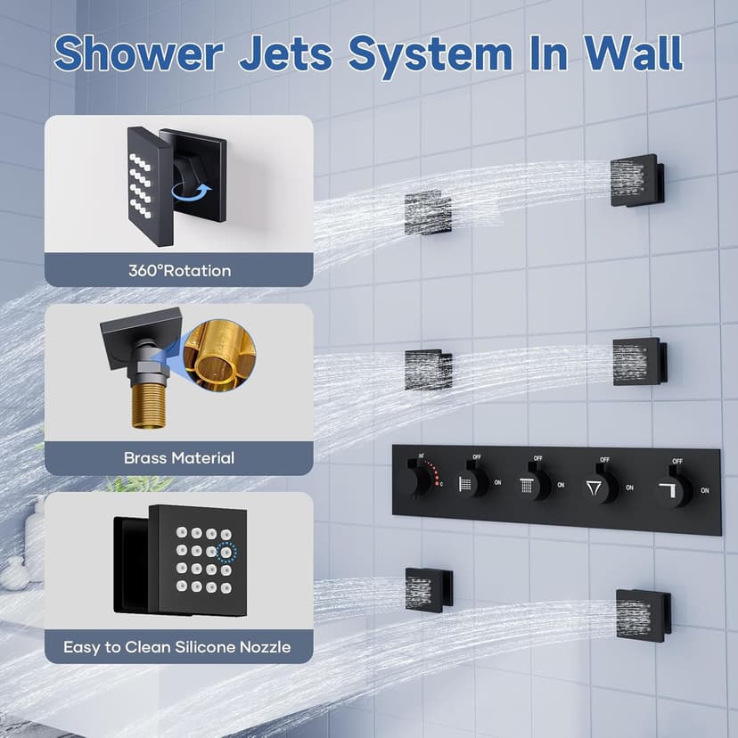 Smart Shower System with Body Jets, Black Shower Head and Handle Set,16" Ceiling Mount Rainfall Waterfall Shower Jets System with Tub Spout,Thermostatic Shower System Bathroom with Music and Led Light