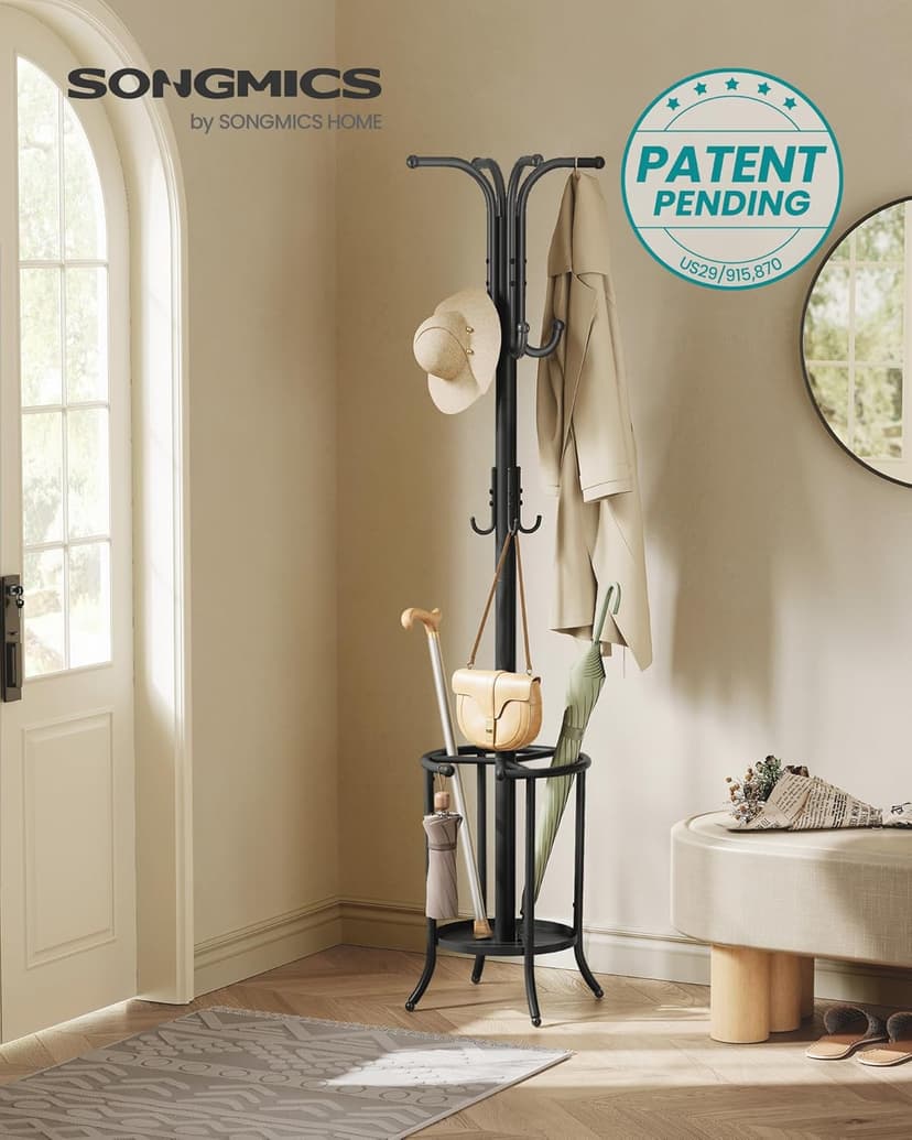 SONGMICS Coat Rack Freestanding, Coat Rack with Umbrella Holder with 12 Hooks, for Entryway, Hallway, Living Room, Bedroom, Ink Black URCR011B01