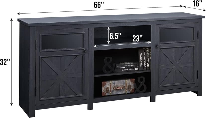 JXQTLINGMU Farmhouse TV Stand for 75 Inch TV, Entertainment Center with Storage, Rustic TV Cabinet with Barn Doors, 66" TV Console for Living Room, Adjustable Shelf - Black