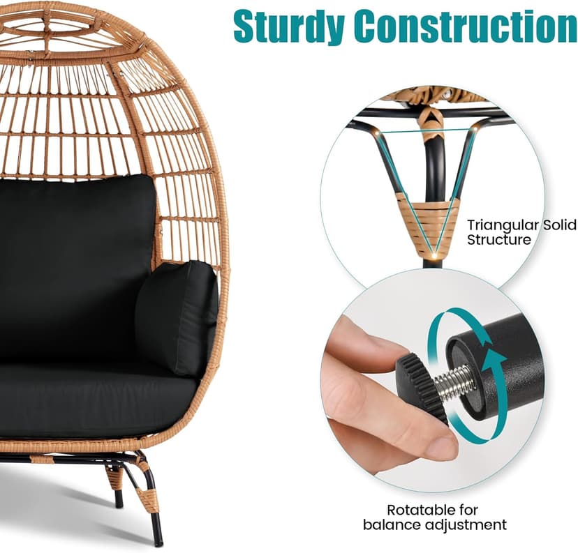 Outdoor Egg Chair, PE Wicker Chair with 4 Thicken Cushions, Patio Chairs 440 lbs Capacity, Oversized Balcony Chairs with Durable Steel Frame Perfect for Balcony, Backyard, Bedroom-Dark Black