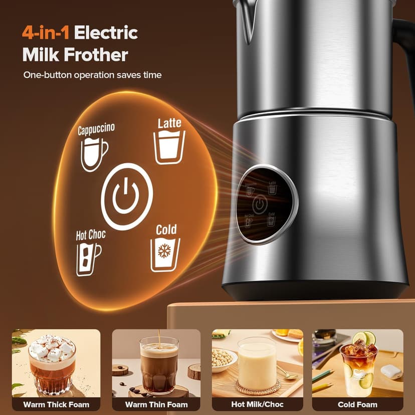 Milk Frother, 4 in 1 Milk Frother and Steamer, Automatic Warm and Cold Foam Maker, Hot Chocolate Maker, Electric Frother for Coffee, Cappuccino, Latte, Choc, BPA Free, Silver