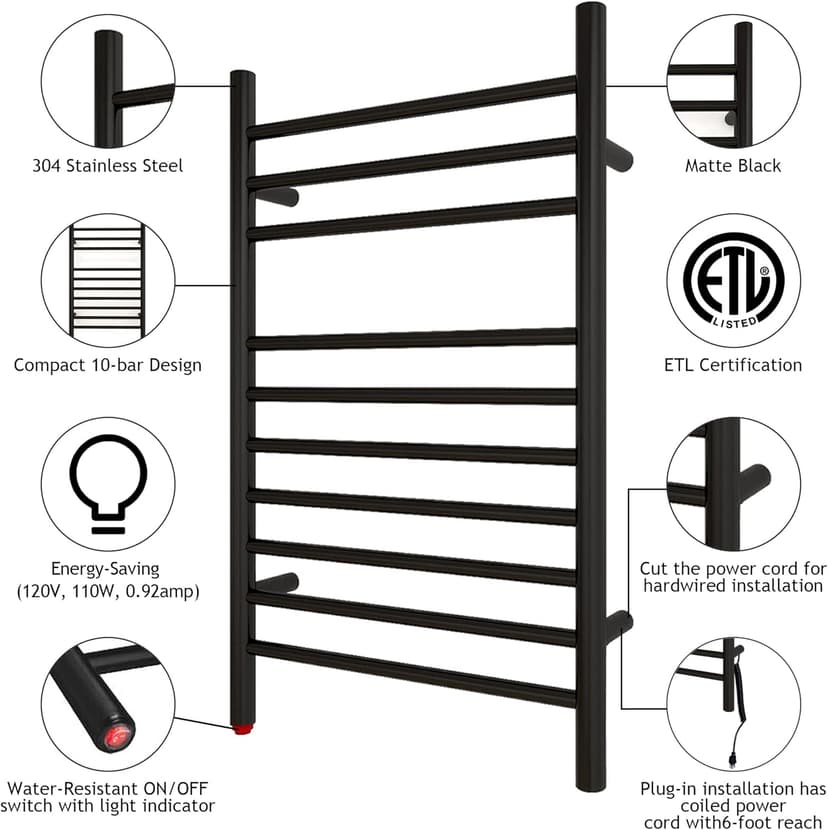 HEATGENE Towel Warmer, Compact Electric Towel Warmer for Small Bathroom, Wall-Mounted Electric Towel Racks, Plug-in/Hardwired Electric Towel Rails - Matte Black