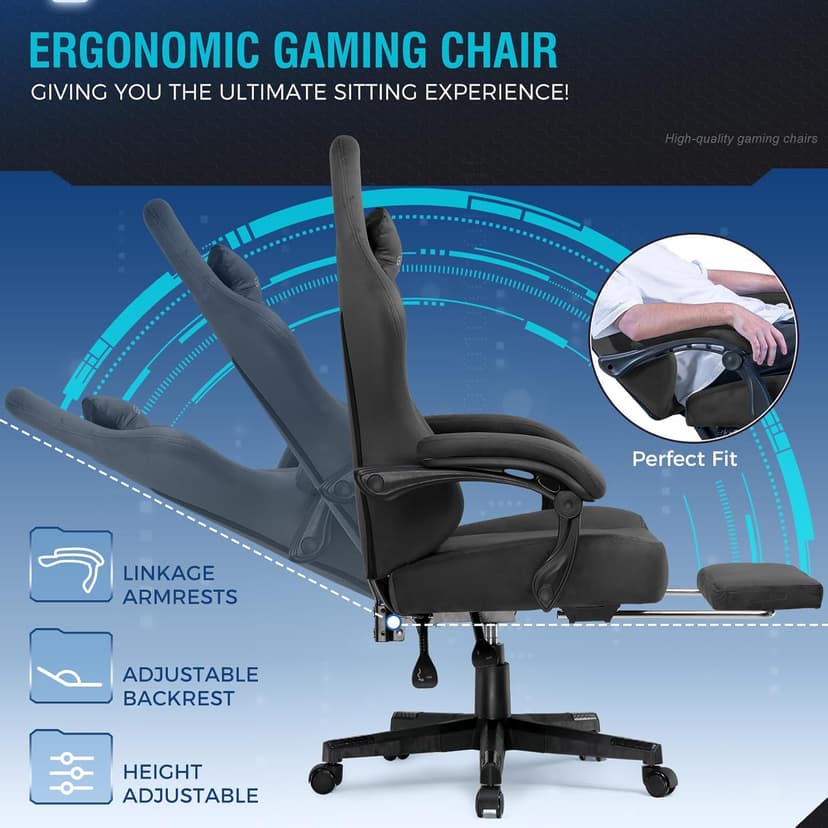 GTPLAYER Gaming Chair Fabric with Pocket Spring Cushion, Big and Tall Gamings Chairs 350LBS High Back Computer Chair with Footrest for Adults Lumbar Support Swivel Game Chair for Office Gaming Gray