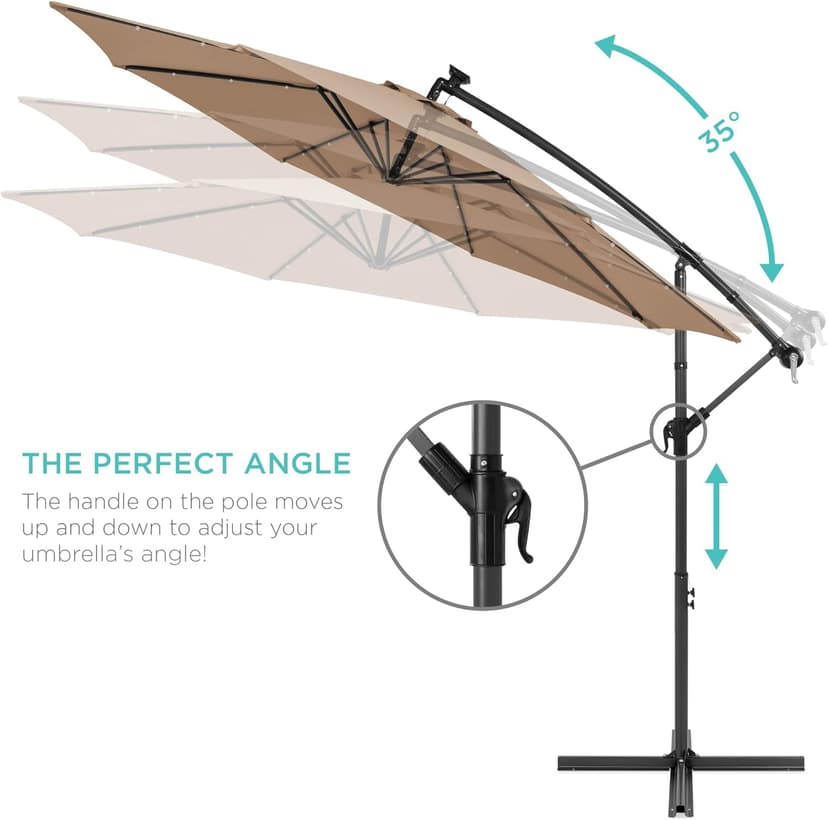 Best Choice Products 10ft Solar LED Offset Hanging Market Patio Umbrella for Backyard, Poolside, Lawn and Garden w/Easy Tilt Adjustment, Polyester Shade, 8 Ribs - Tan