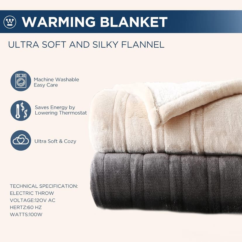 Westinghouse Electric Blanket King, Heated Blanket King Size with 10 Heating Levels and 1 to 12 Hours Heating Time Settings, Flannel to Sherpa Reversible, Machine Washable (90" x 100", Beige)