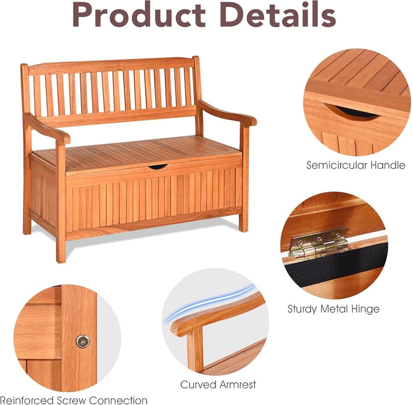 Safstar Outdoor Patio Bench with Storage Box, 33 Gallon Capacity, Wooden Frame, Eucalyptus Material, Natural Color, 42 x 23 x 35.5 Inches